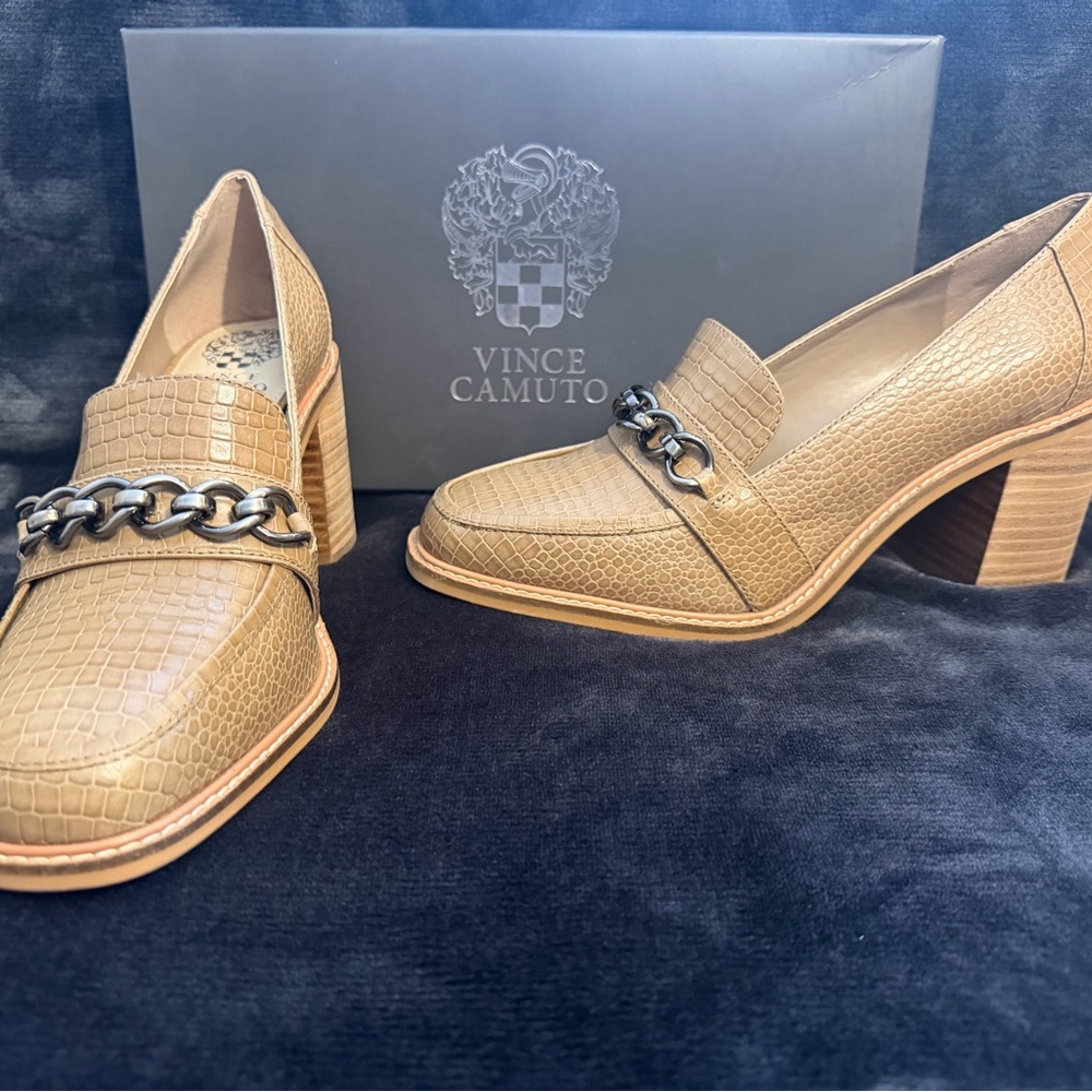 Vince Camuto Tan Croc-Embossed Block Heel Loafers with Chain Accent